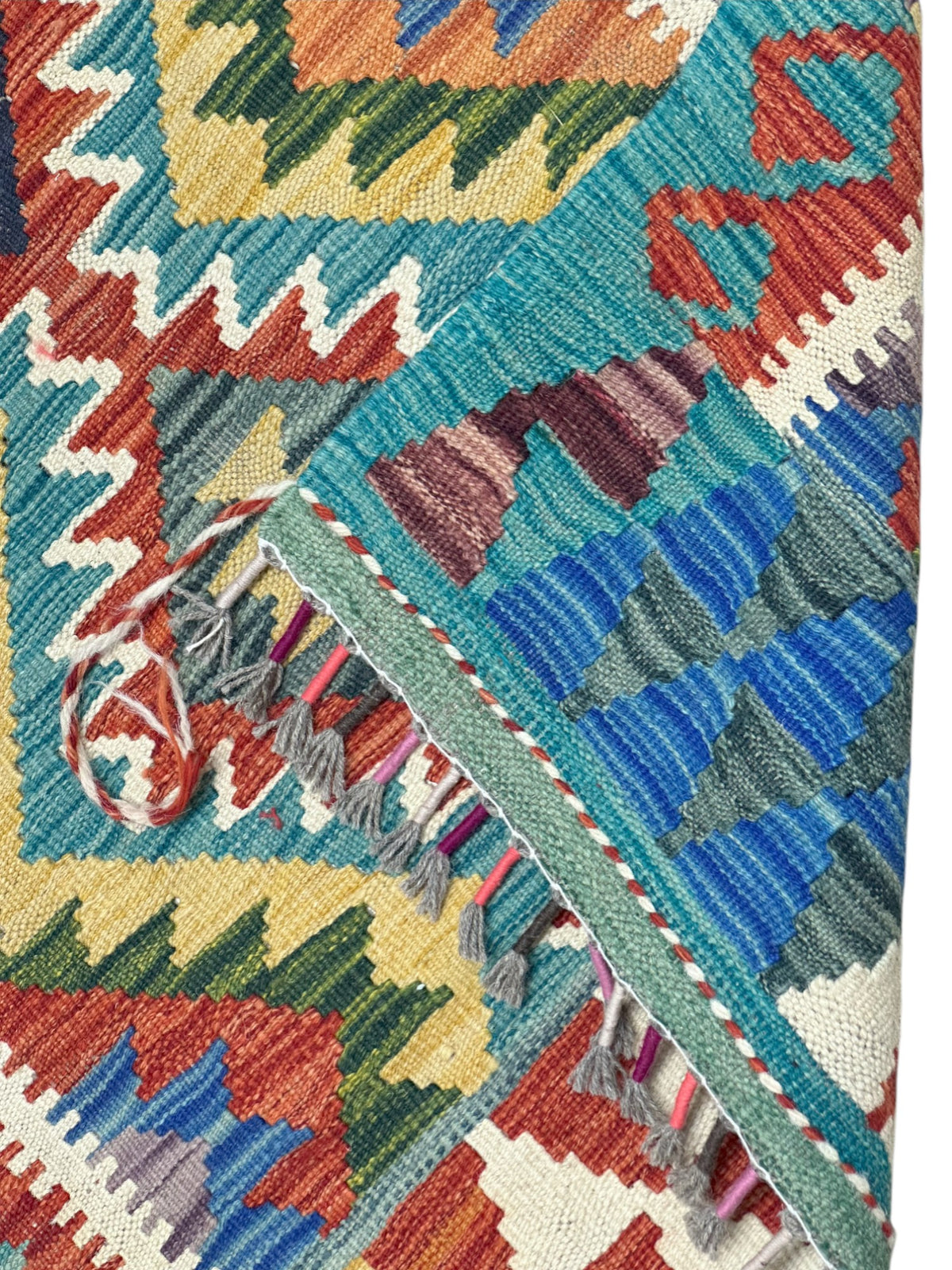 Afghan Kilim Rug 3x4, Gold, Teal & Rust, Hand-Woven Wool Flatweave, view 3