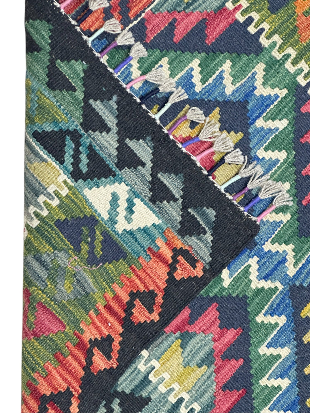 Afghan Kilim Rug 2x4, Black, Green & Blue, Hand-Woven Wool Flatweave, view 3