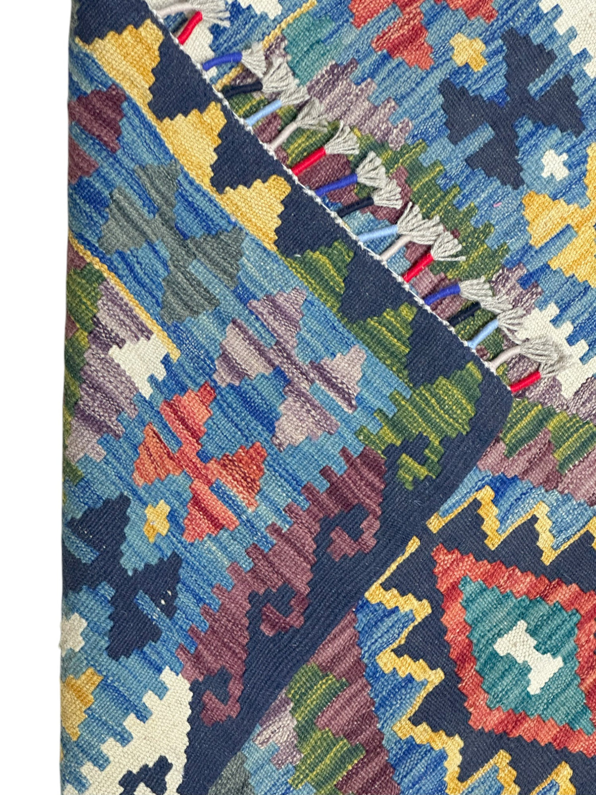 Afghan Kilim Rug 3x4, Blue, Navy & Olive Green, Hand-Woven Wool Flatweave, view 3