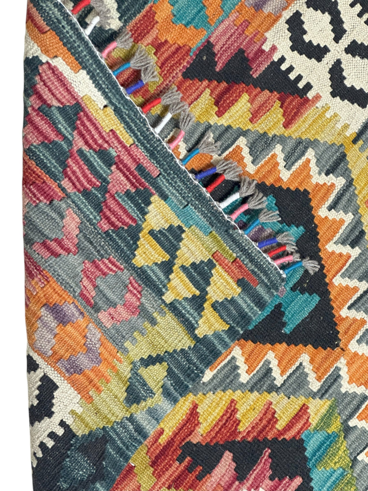Afghan Kilim Rug 2x4, Teal, Orange & Olive Green, Hand-Woven Wool Flatweave, view 3