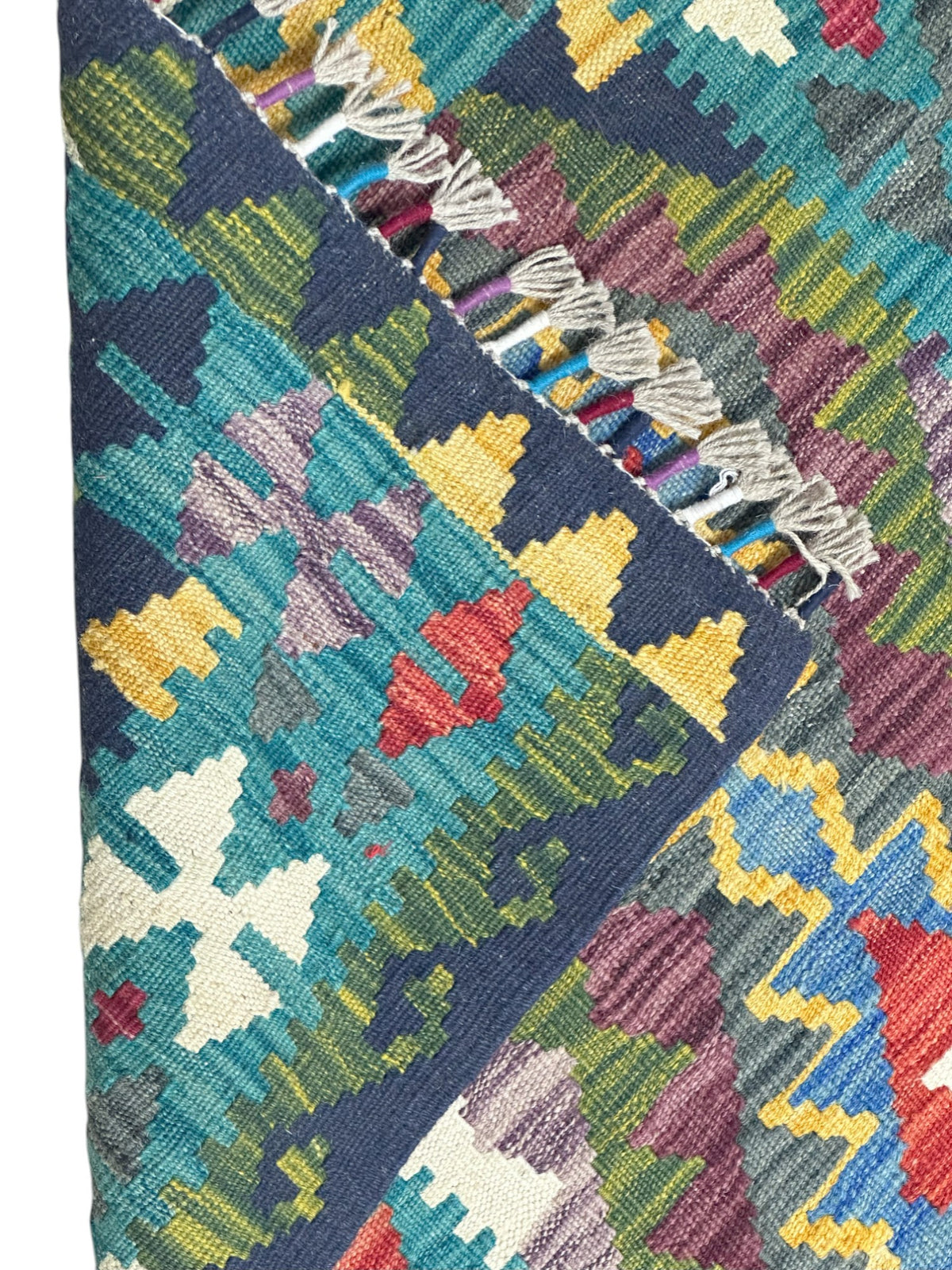 Afghan Kilim Rug 3x4, Teal, Navy & Olive Green, Hand-Woven Wool Flatweave, view 3