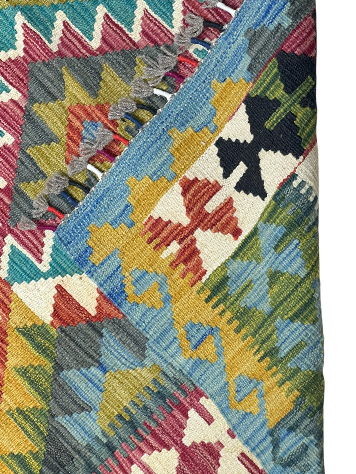 Afghan Kilim Rug 3x5, Blue, Teal & Red, Hand-Woven Wool Flatweave, view 3