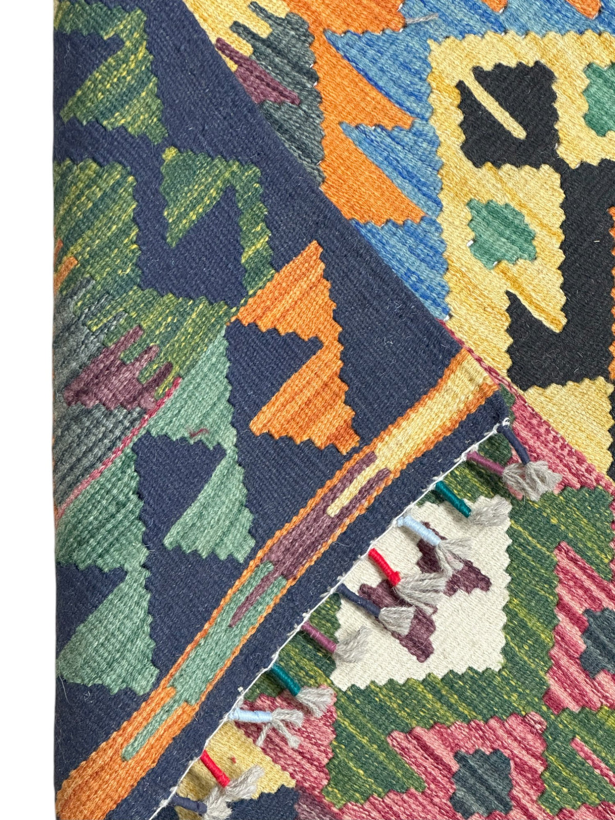 Afghan Kilim Rug 3x4, Navy, Orange & Pink, Hand-Woven Wool Flatweave, view 3