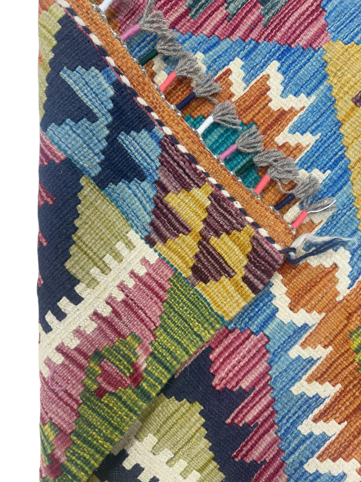 Afghan Kilim Rug 3x5, Blue, Orange & Olive Green, Hand-Woven Wool Flatweave, view 3