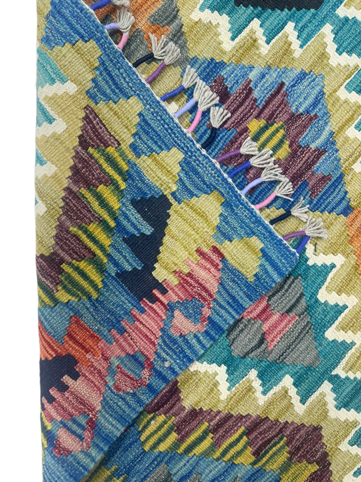 Afghan Kilim Rug 3x5, Blue, Teal & Gold, Hand-Woven Wool Flatweave, view 3