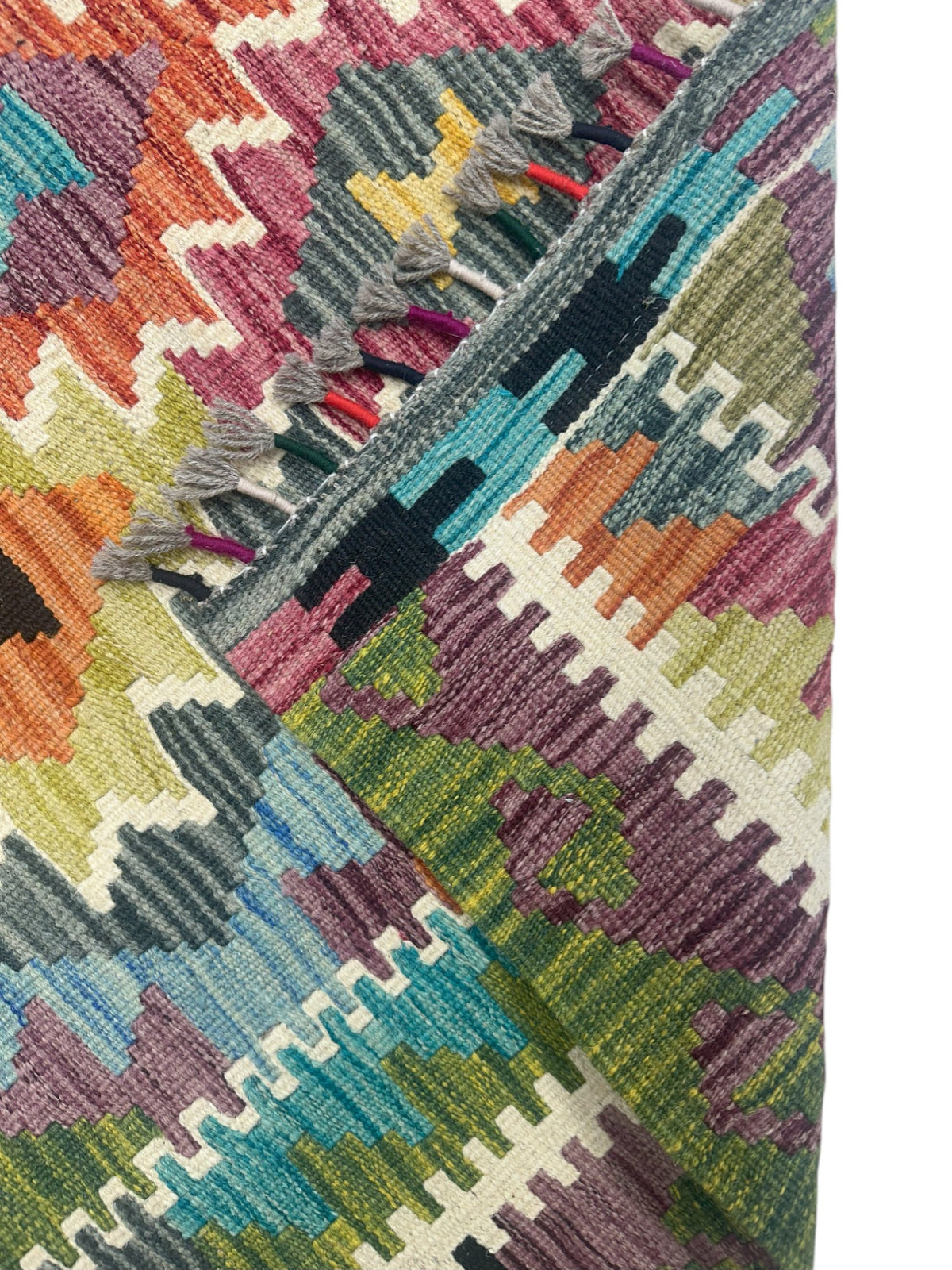 Afghan Kilim Rug 4x5, Olive Green, Blue & Rust, Hand-Woven Wool Flatweave, view 3