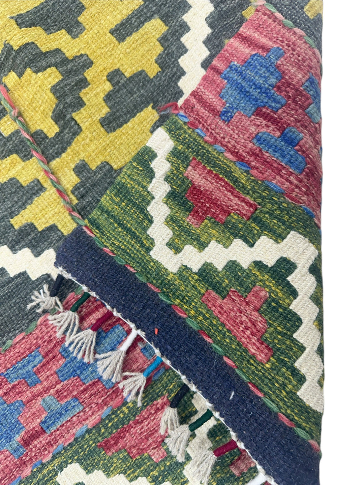 Afghan Kilim Runner 2x6, Olive Green, Teal & Navy, Hand-Woven Wool Flatweave, view 3