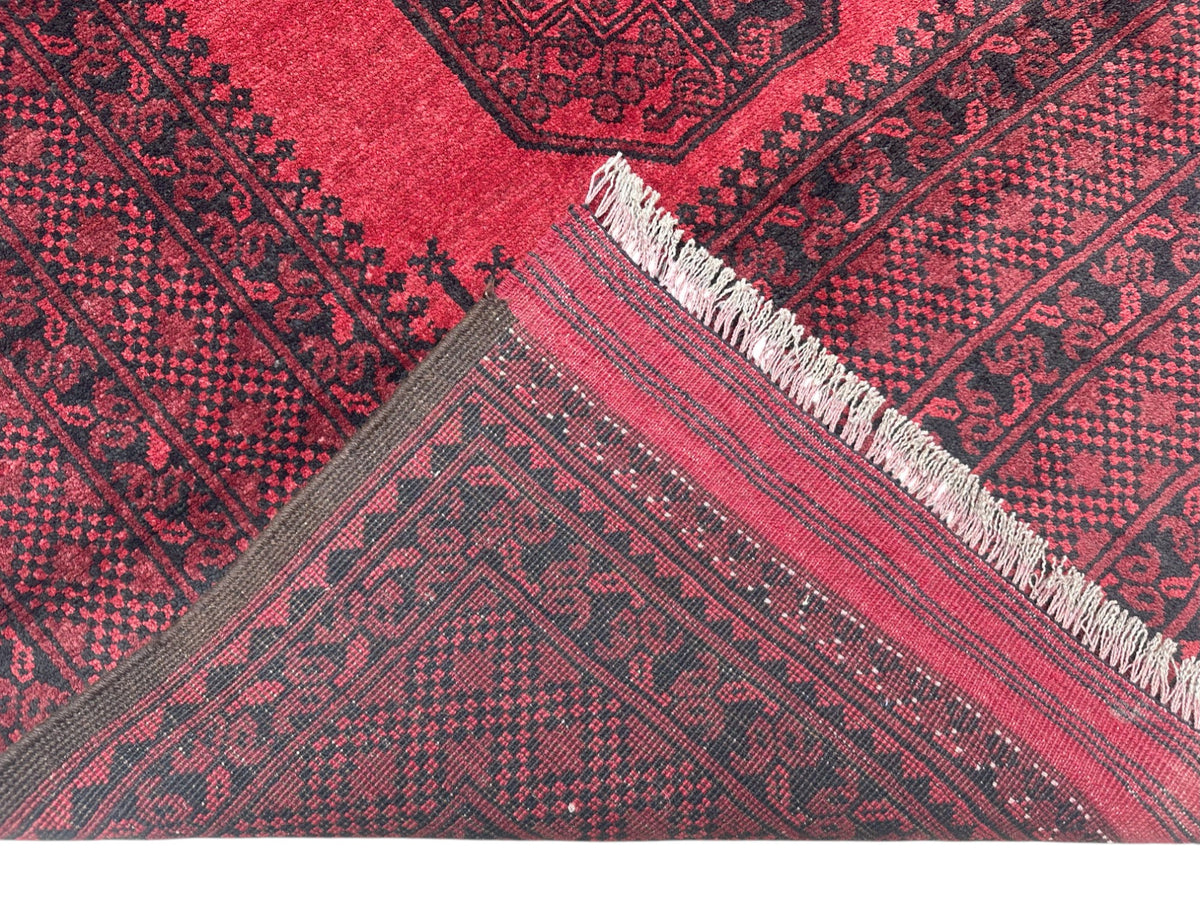 Afghan Bukhara Rug 6'9" x 9'8", Hand-Knotted Wool, Red & Black, view 3