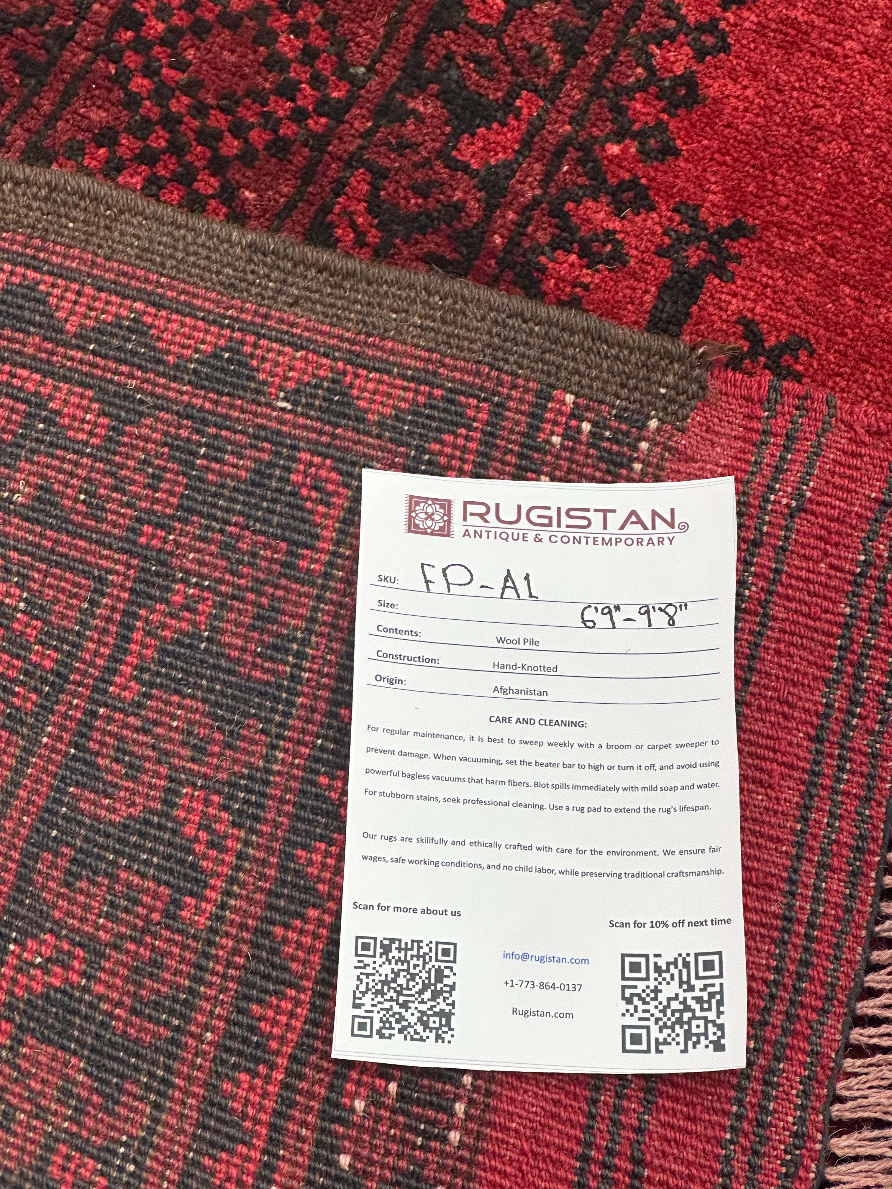 Afghan Bukhara Rug 6'9" x 9'8", Hand-Knotted Wool, Red & Black, view 4
