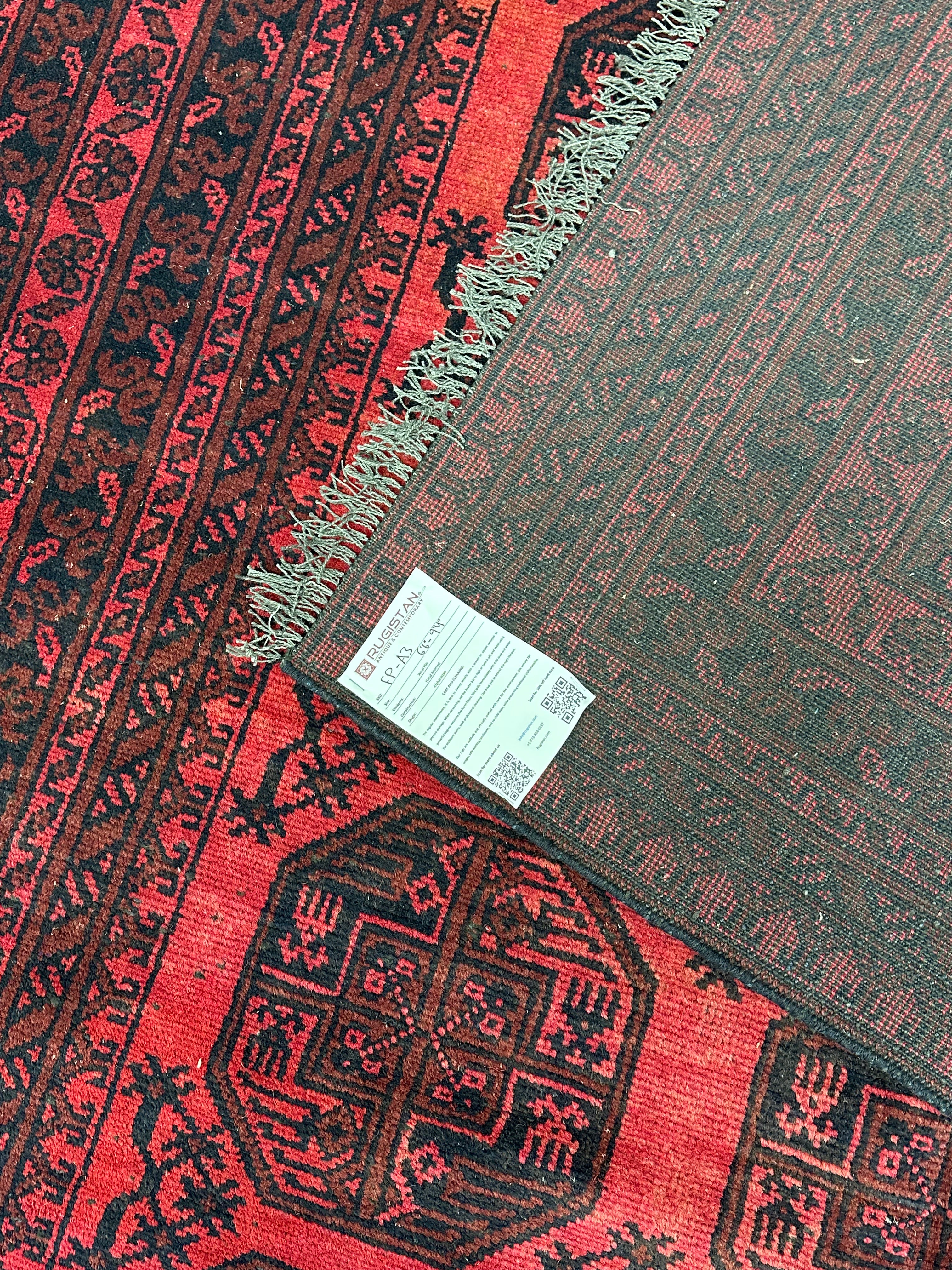 Afghan Bukhara Rug 6'6" x 9'4", Hand-Knotted Wool, Red & Black, view 4