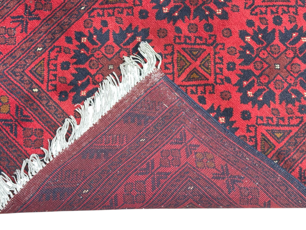 Afghan Andkhoy Runner 2'7" x 6'6", Hand-Knotted Wool, Red & Blue, view 3