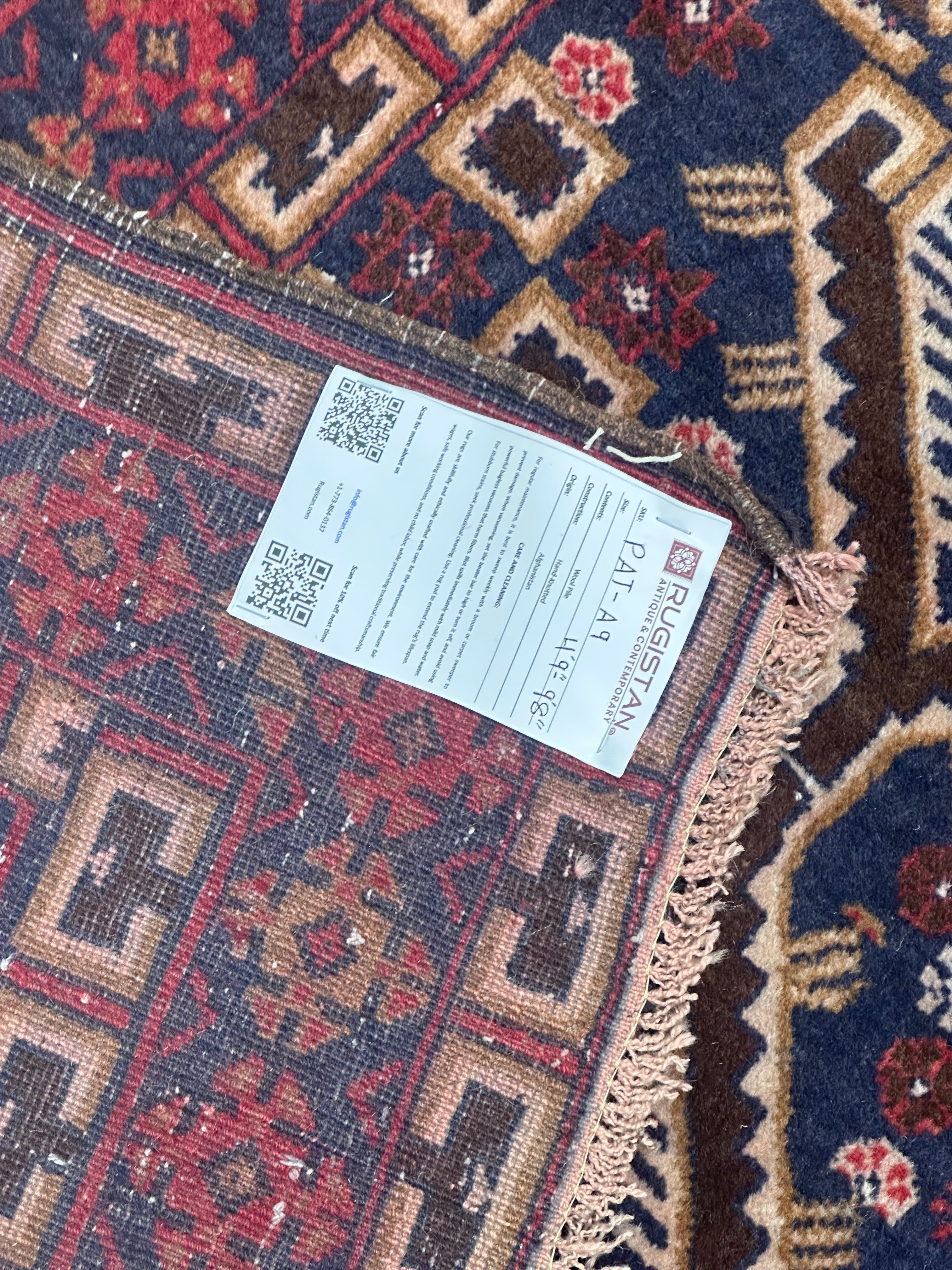 Afghan Patnos Rug 4'9" x 9'8", Hand-Knotted Wool, Red, Blue & Cream, view 4