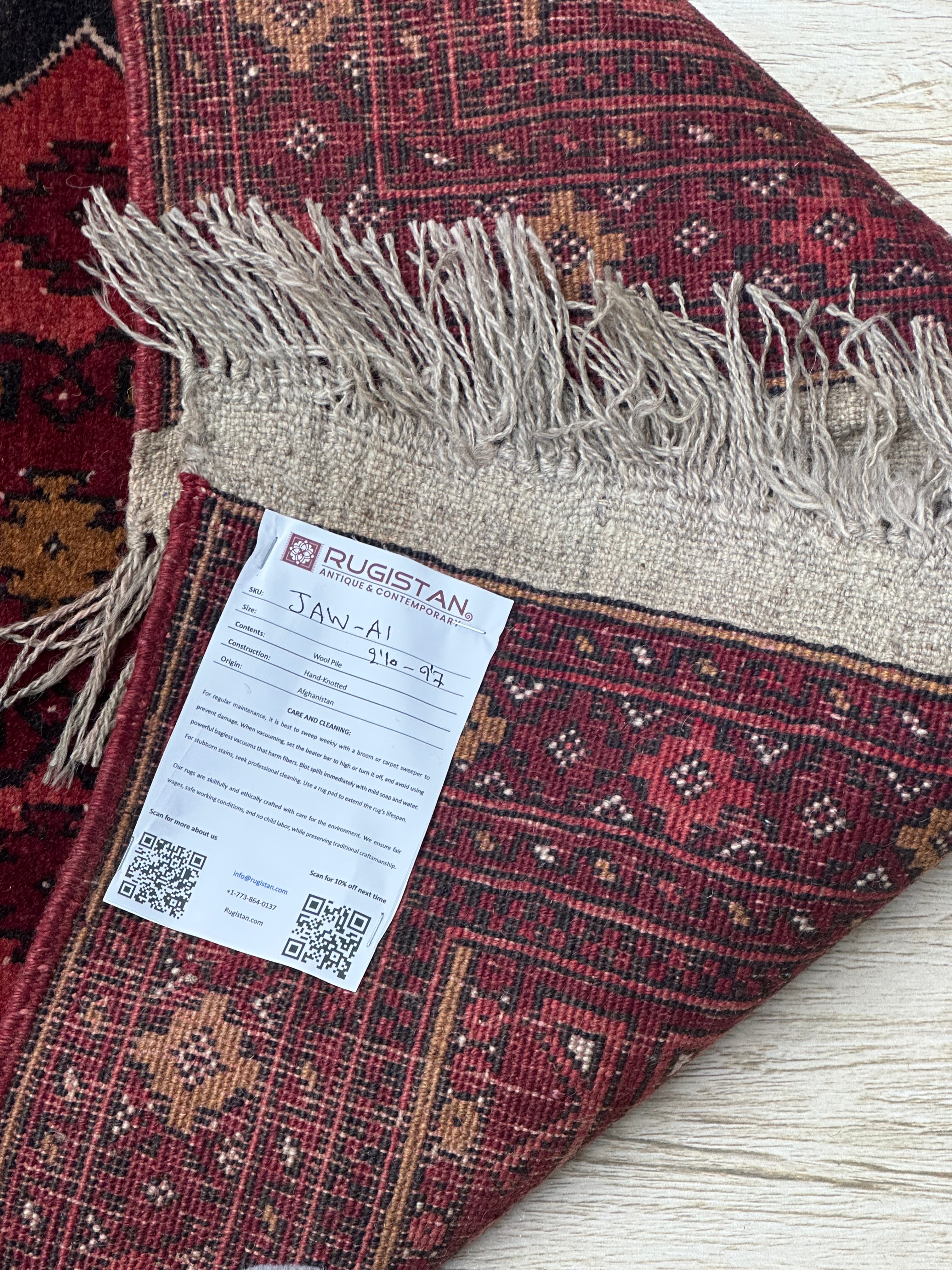 Afghan Jwaly Runner 2'9" x 9'7", Hand-Knotted Wool, Red & Black, view 4