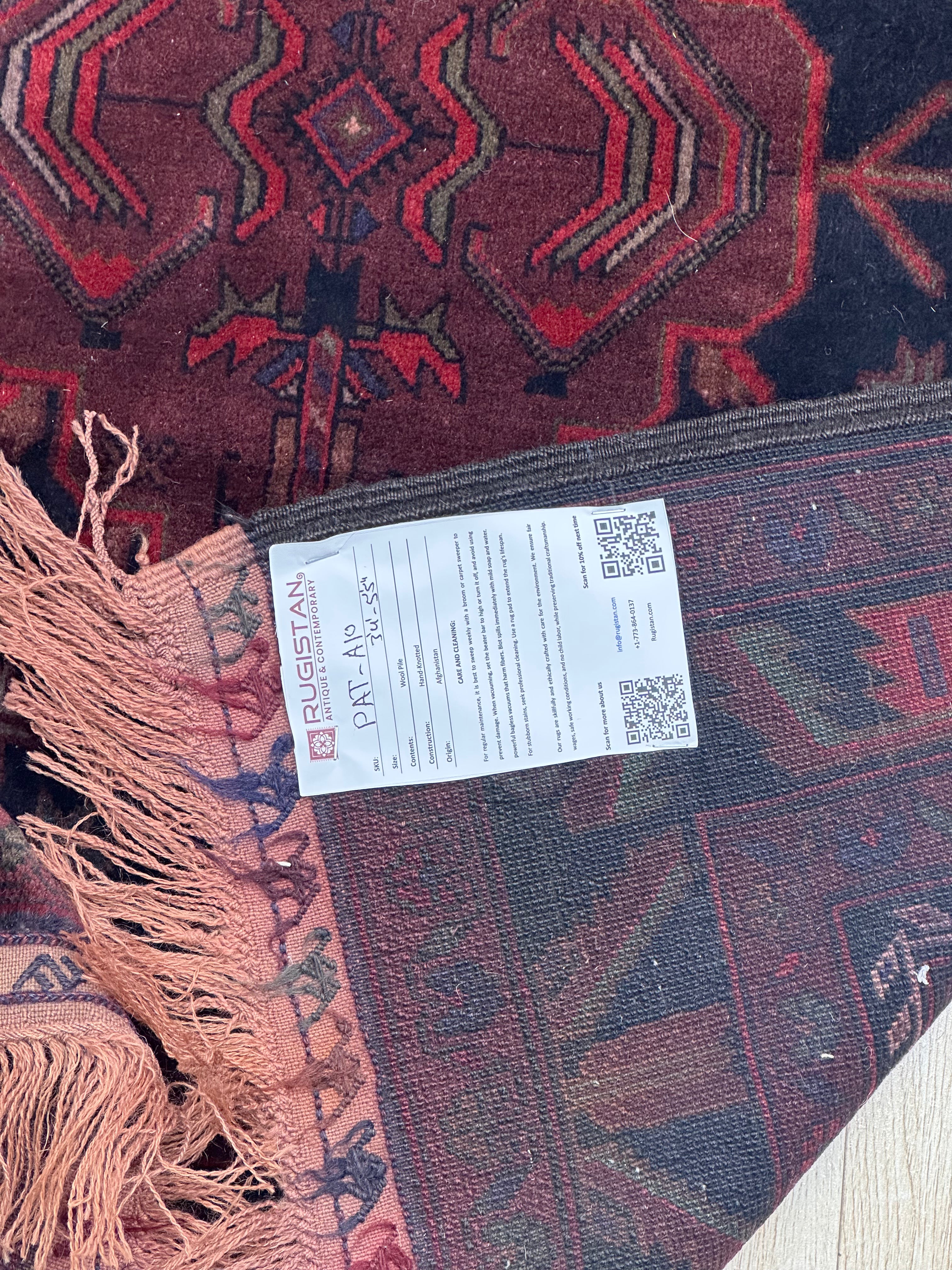 Afghan Patnos Rug 3'3" x 5'5", Hand-Knotted Wool, Red & Blue, view 4