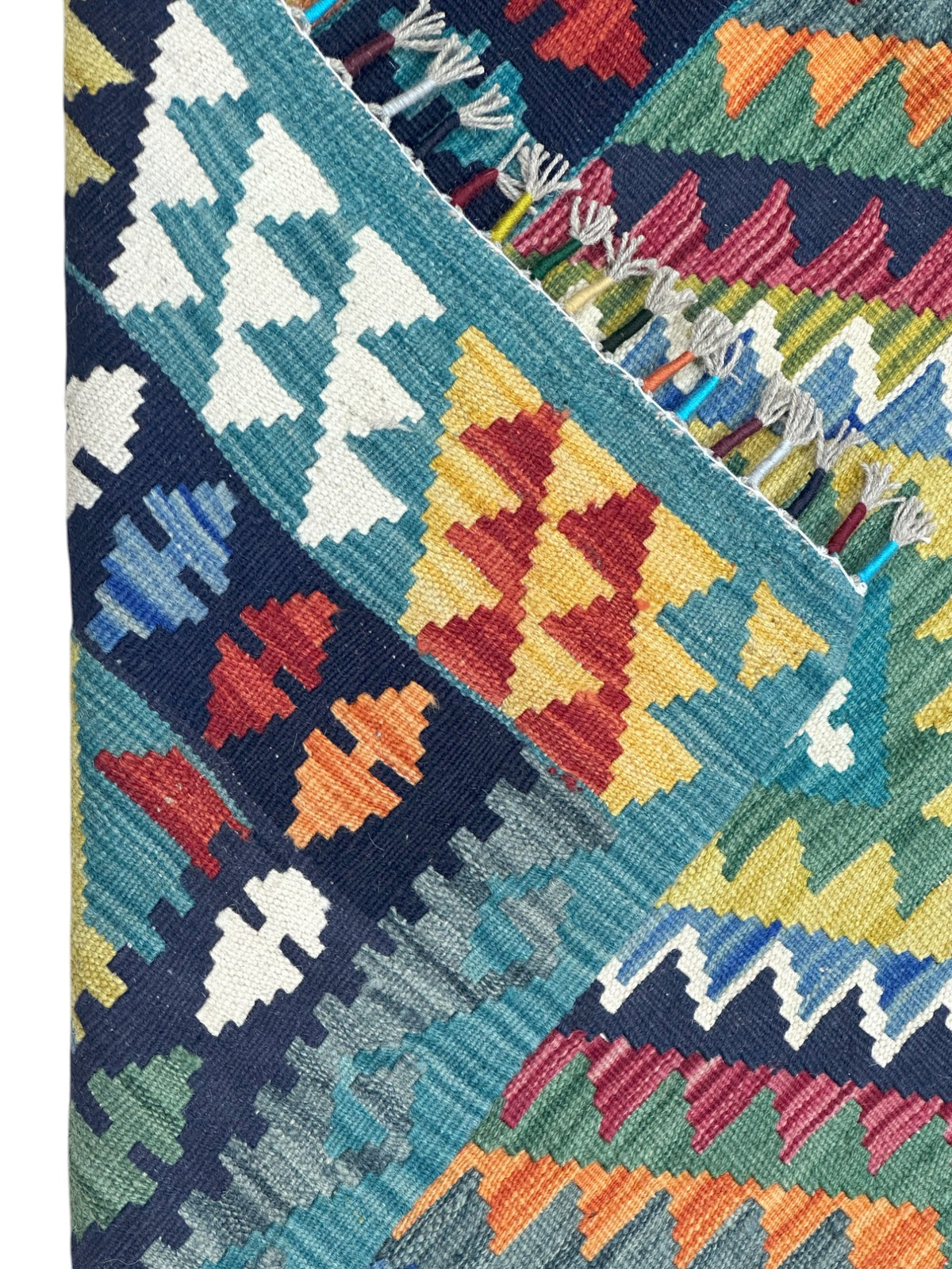 Afghan Kilim Rug 5x6, Teal, Gold & Navy, Hand-Woven Wool Flatweave, view 3