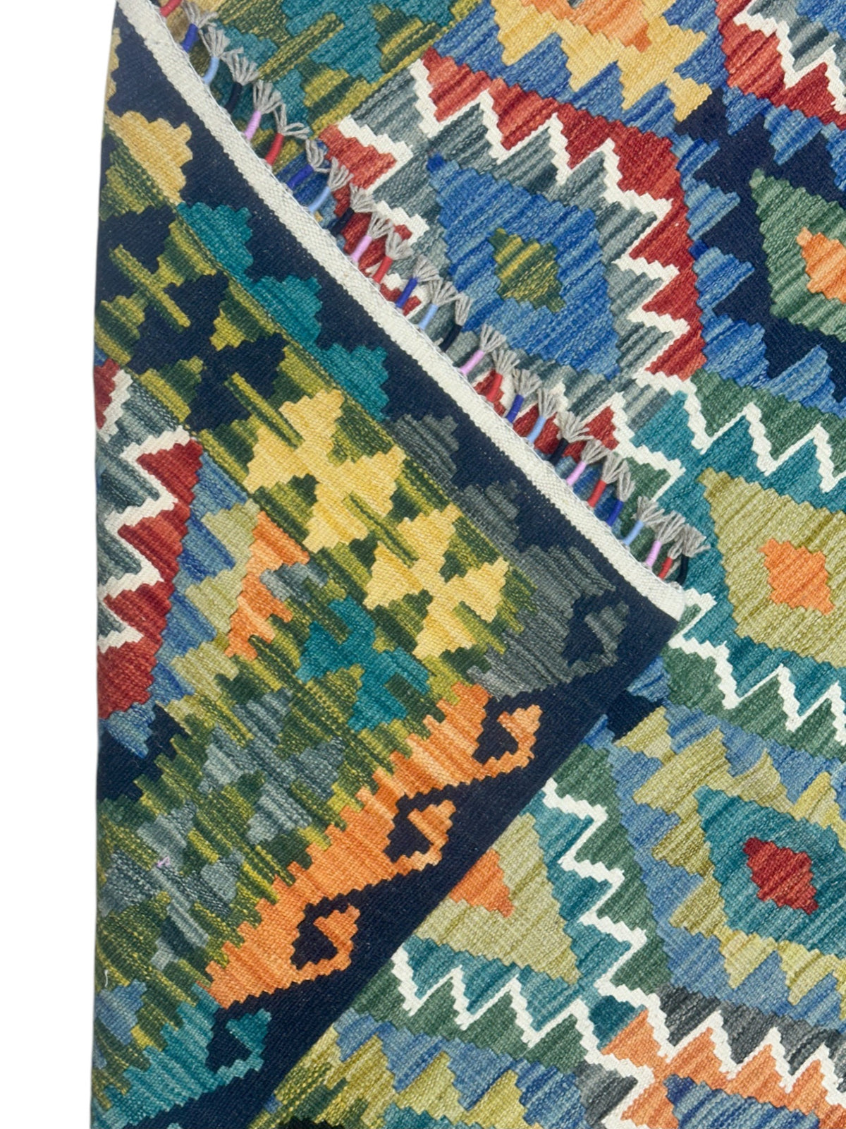 Afghan Kilim Rug 6x8, Teal, Olive Green & Blue, Hand-Woven Wool Flatweave, view 3