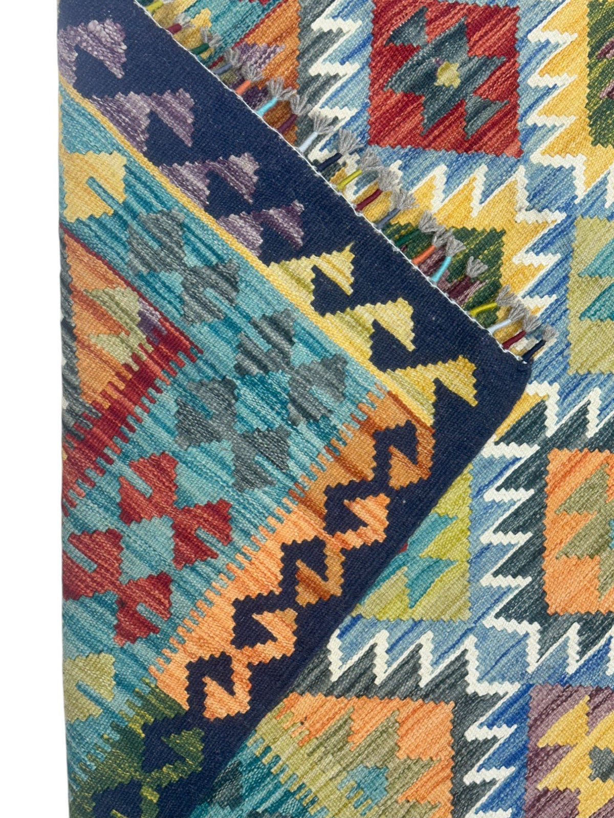 Afghan Kilim Rug 5x7, Teal, Navy & Gold, Hand-Woven Wool Flatweave, view 3