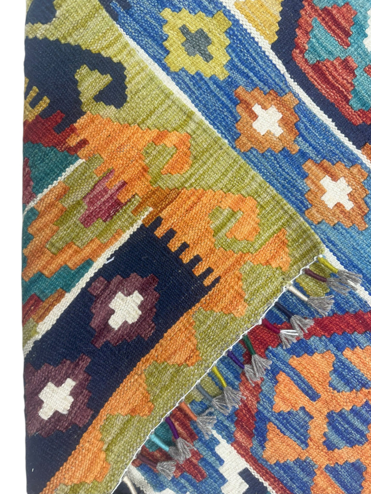 Afghan Kilim Rug 6x8, Navy, Rust & Olive Green, Hand-Woven Wool Flatweave, view 4