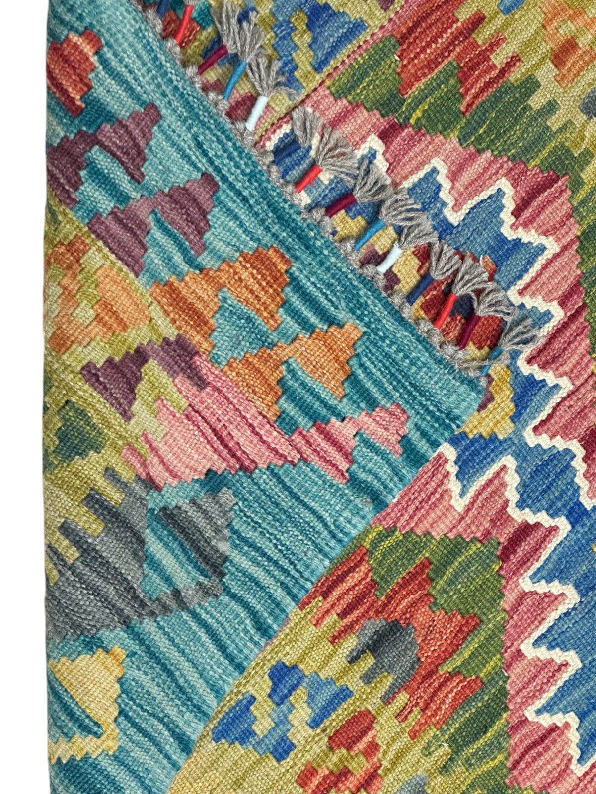 Afghan Kilim Runner 3x7, Teal, Gold & Olive Green, Hand-Woven Wool Flatweave, view 3