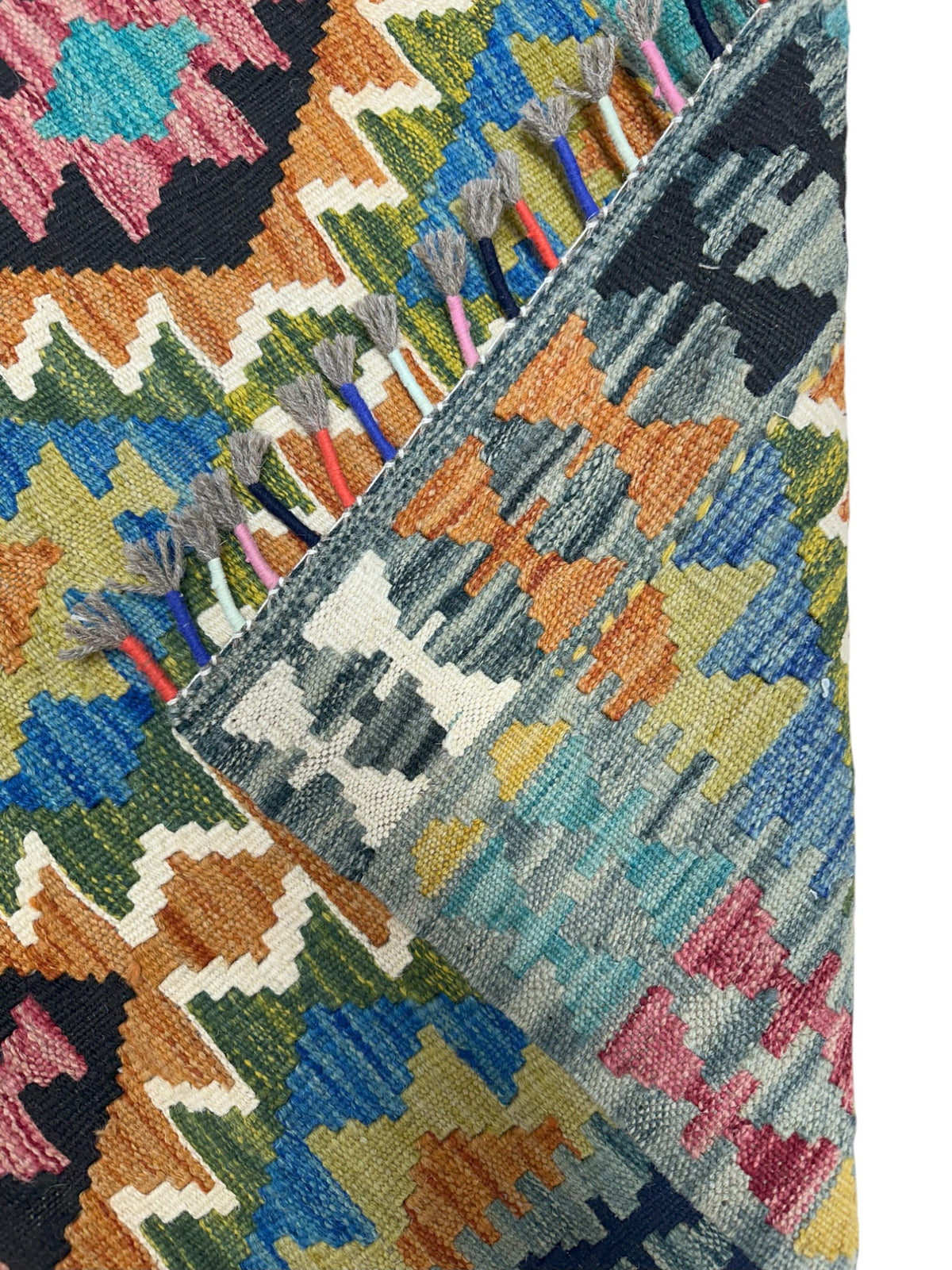 Afghan Kilim Runner 3x7, Teal, Olive Green & Rust, Hand-Woven Wool Flatweave, view 3