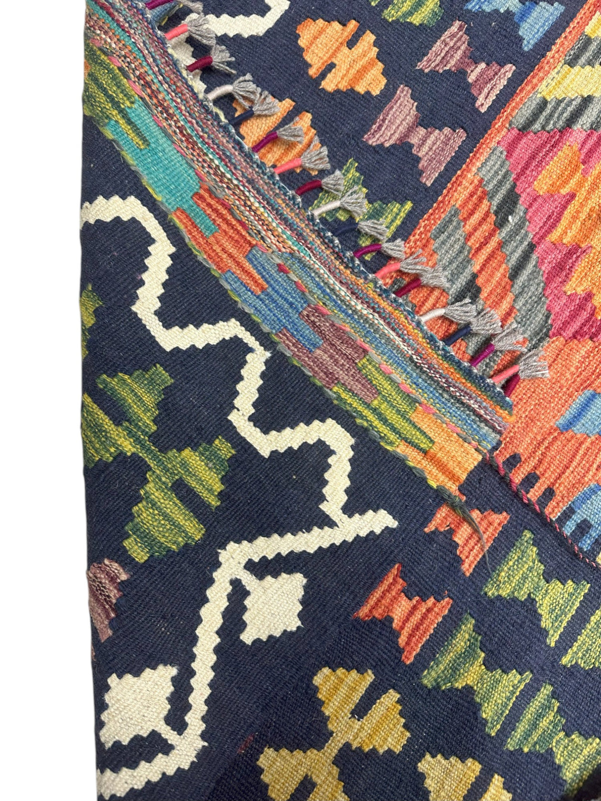 Afghan Kilim Rug 6x8, Navy, Orange & Teal, Hand-Woven Wool Flatweave, view 3