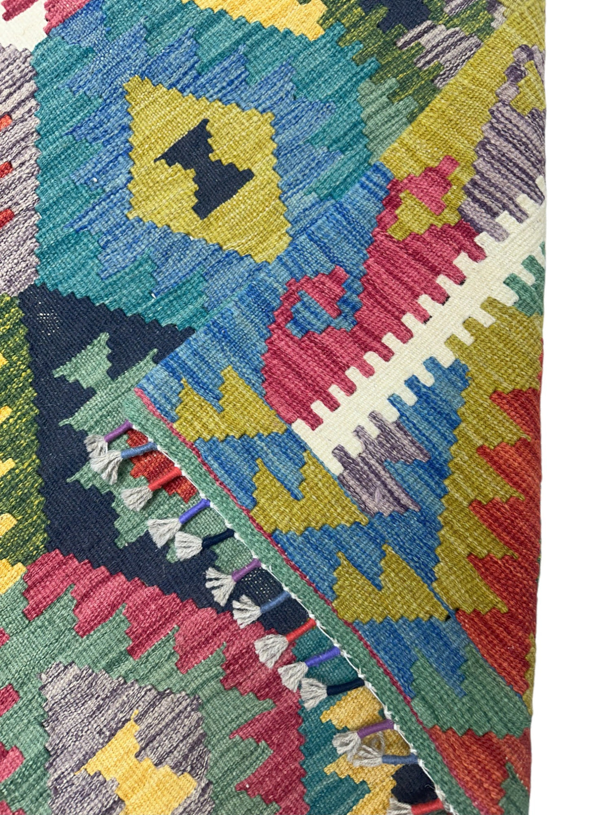 Afghan Kilim Rug 4x6, Olive Green, Teal & Red, Hand-Woven Wool Flatweave, view 3