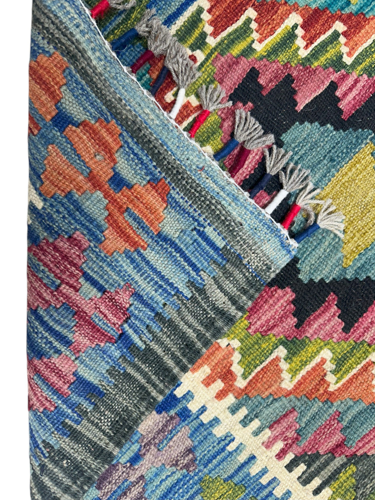 Afghan Kilim Rug 3x6, Blue, Olive Green & Teal, Hand-Woven Wool Flatweave, view 3