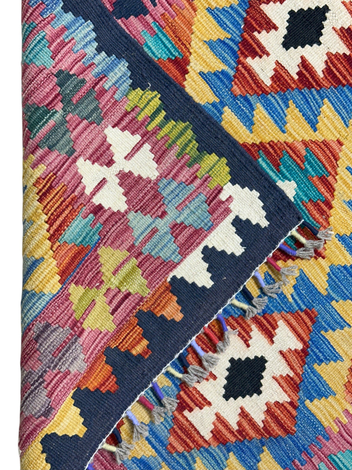 Afghan Kilim Rug 5x7, Blue, Gold & Pink, Hand-Woven Wool Flatweave, view 3