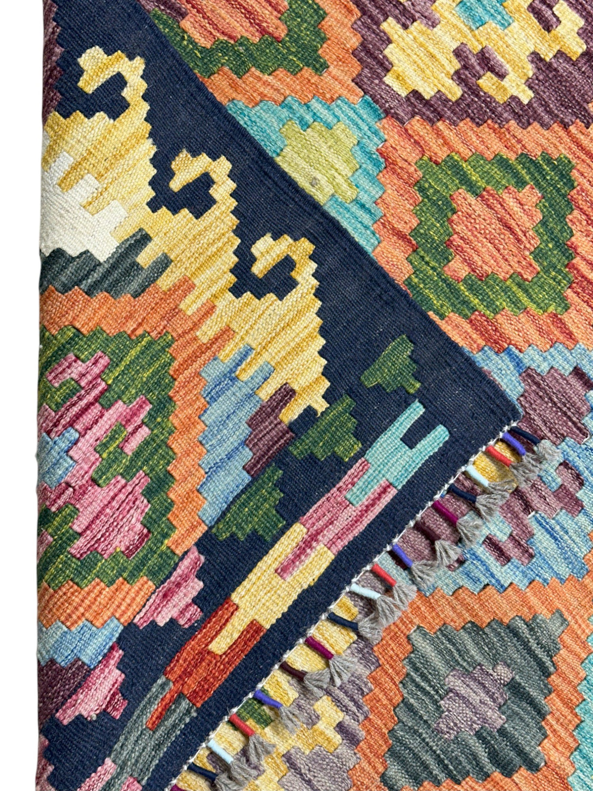 Afghan Kilim Runner 3x10, Orange, Olive Green & Navy, Hand-Woven Wool Flatweave, view 3
