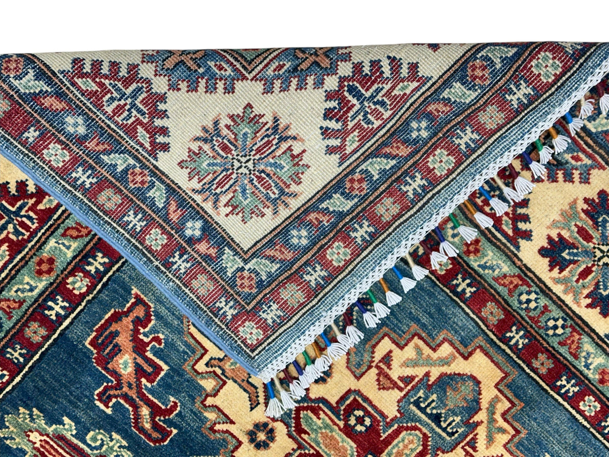 Afghan Kazak Rug 3'3" x 5', Hand-Knotted Wool, Cream & Red, view 4