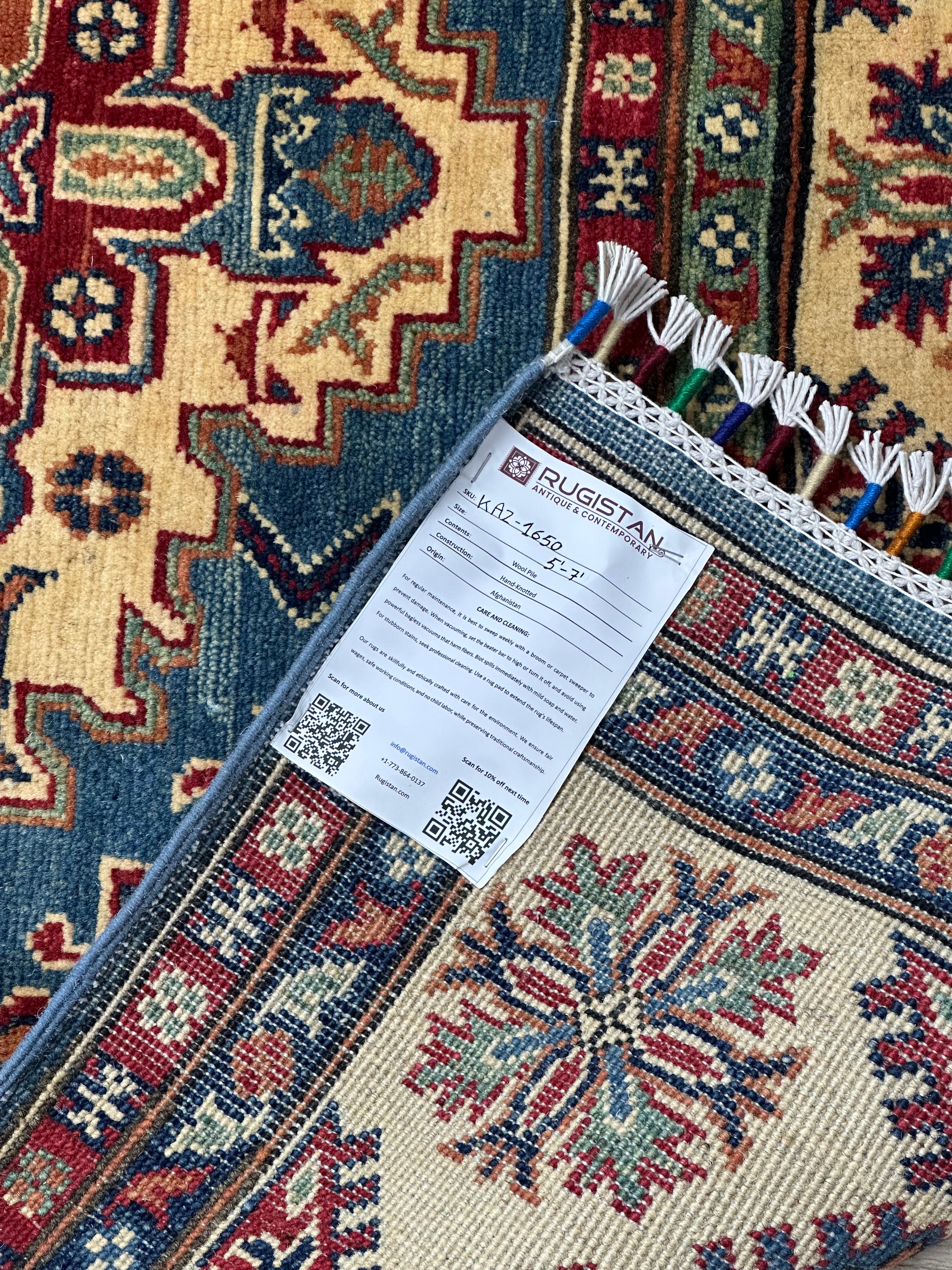 Afghan Kazak Rug 3'3" x 5', Hand-Knotted Wool, Cream & Red, view 5