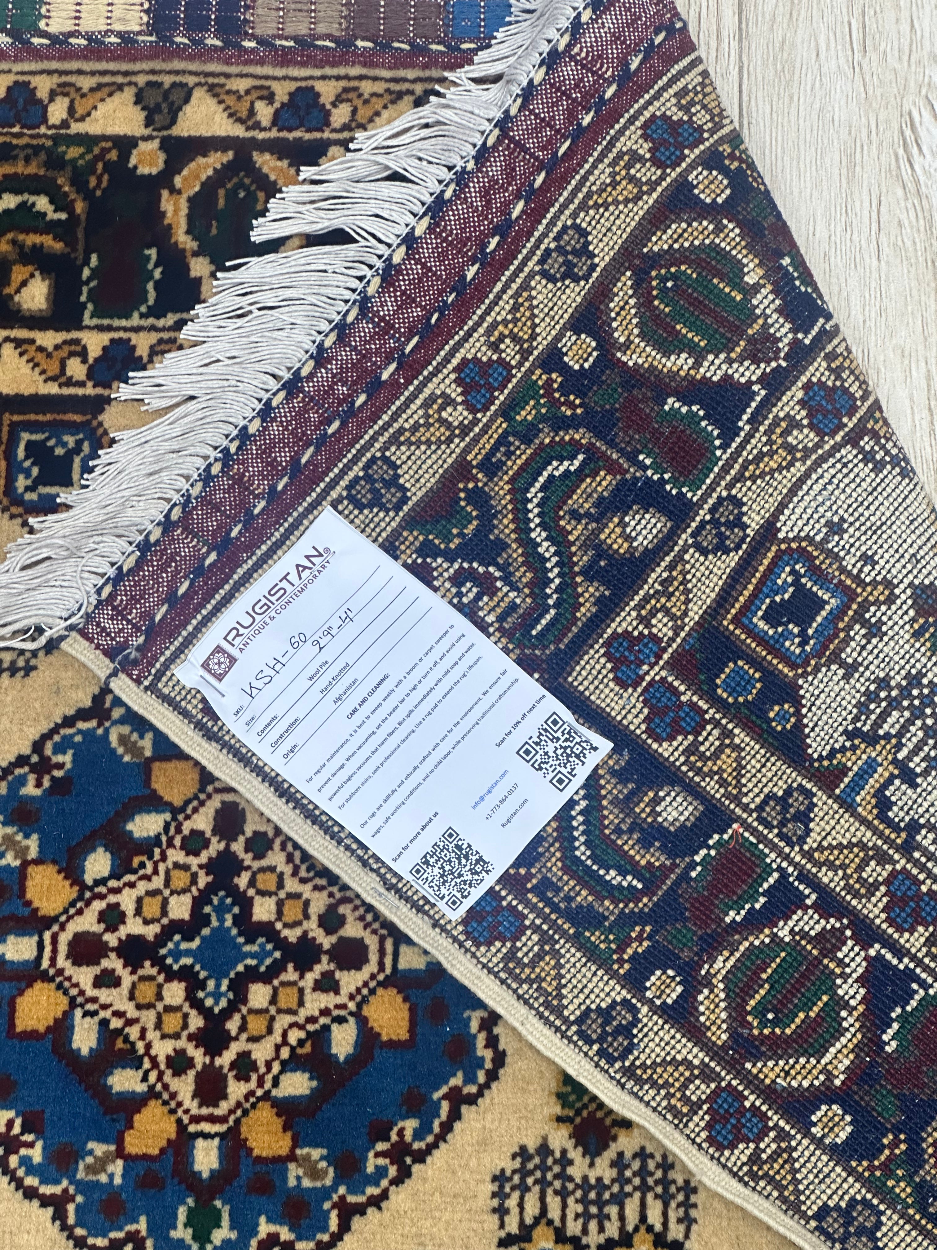 Afghan Kashi Rug 2'9" x 4'4", Hand-Knotted Wool, Blue, Cream & Red, view 4