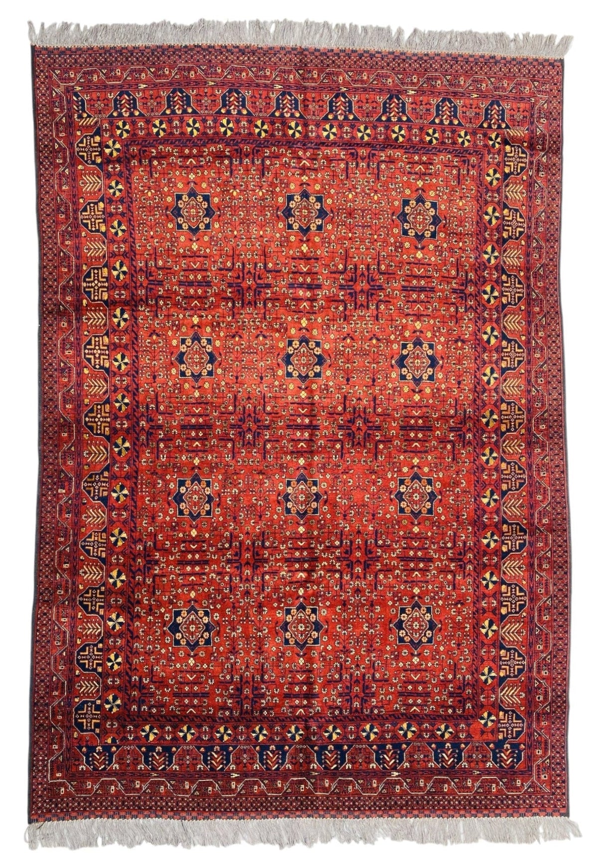 Afghan Turkmen Rug 7x9, Rust, Navy & Gold, Hand-Knotted Wool