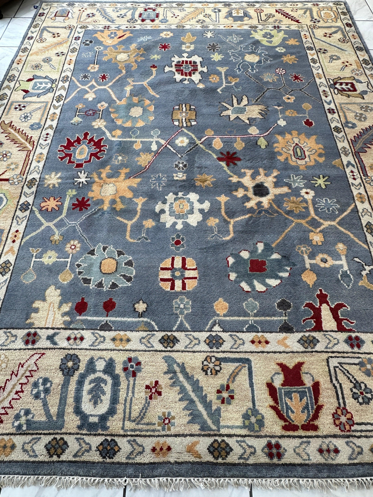 Indian Oushak Rug 9'4" x 11'10", Hand-Knotted Wool, Ivory & Beige, view 3