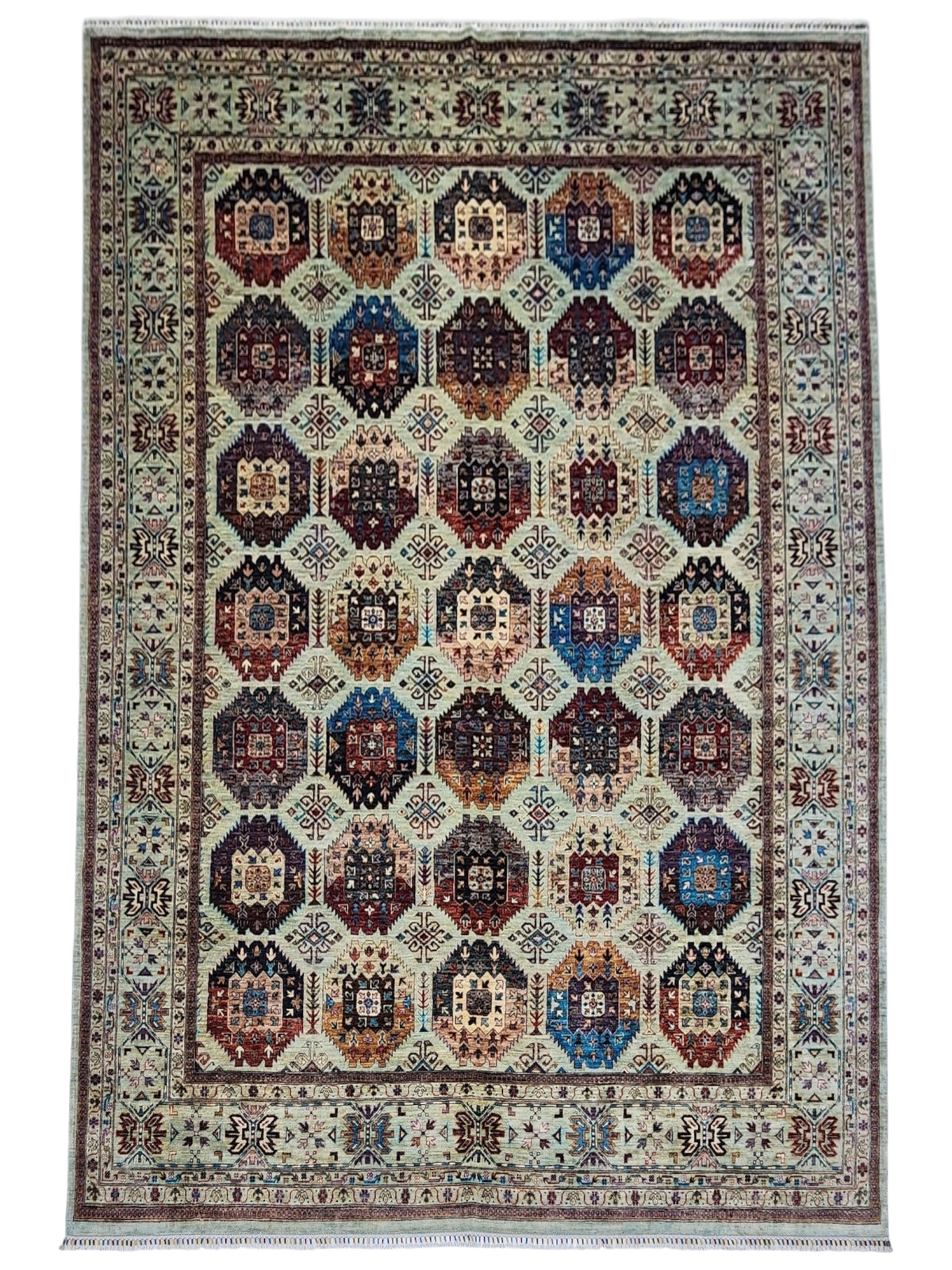 Afghan Kazak Rug 10' x 12'6", Hand-Knotted Wool, Blue, Cream & Gray