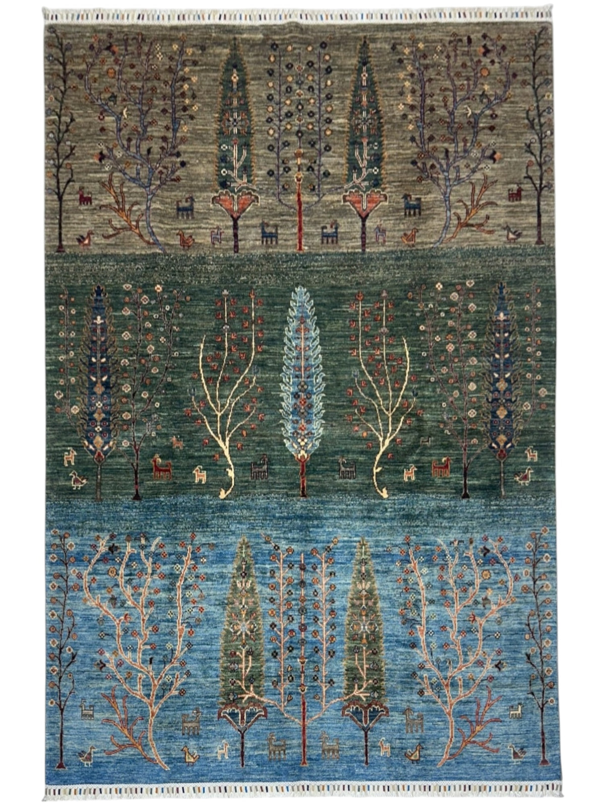 Afghan Rug 6x8, Green, Light Blue & Gray, Hand-Knotted Wool