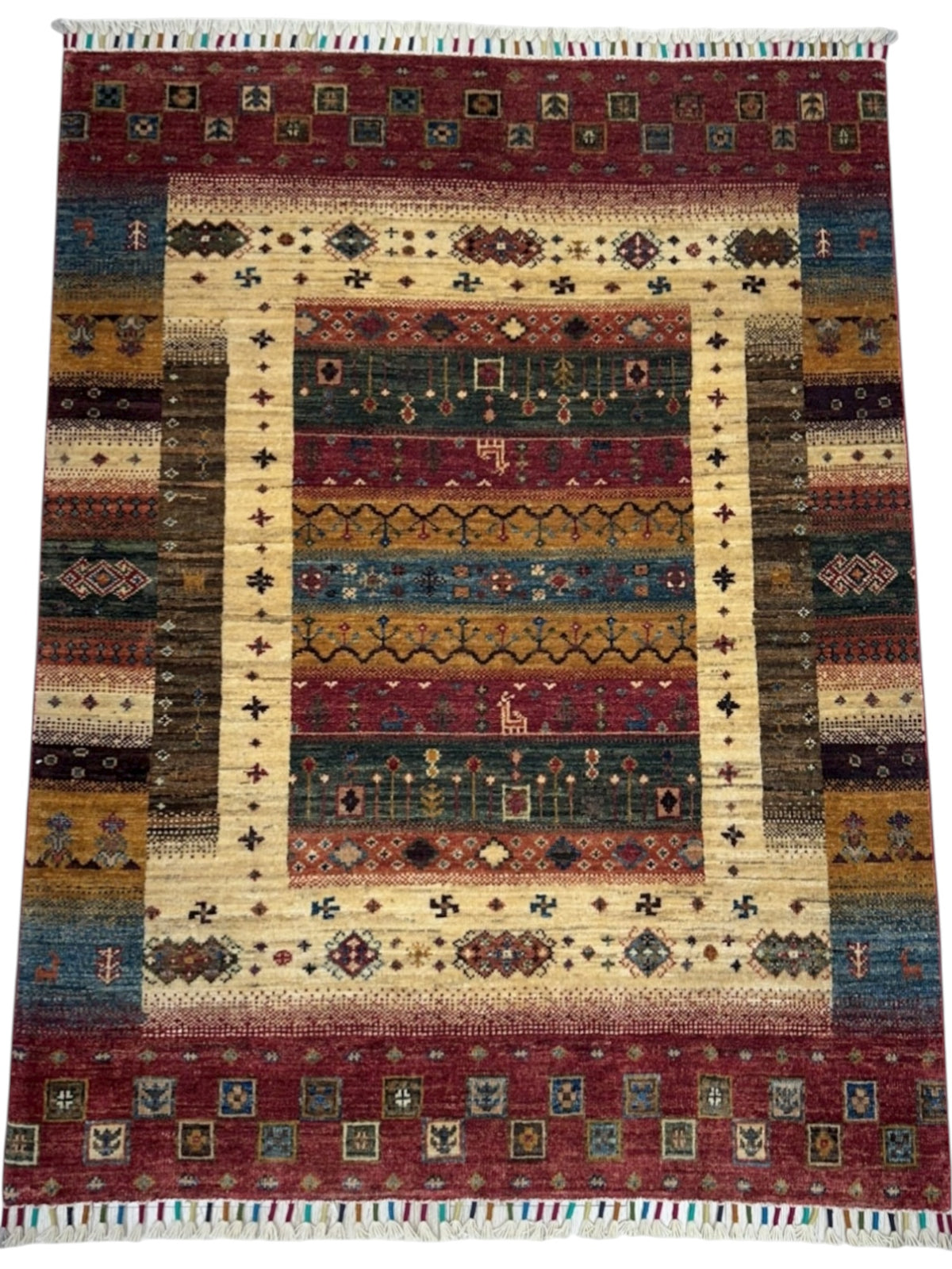 Afghan Gabbeh Rug 3'5" x 4'5", Hand-Knotted Wool, Cream & Red, view 2