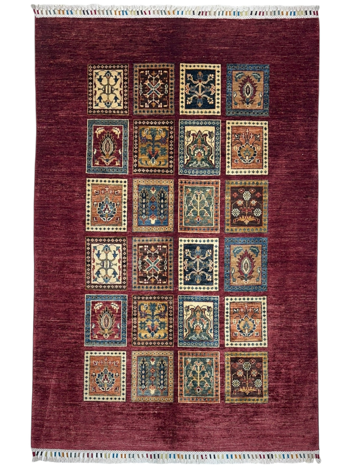 Afghan Bakhtiari Rug 4x6, Burgundy, Ivory & Blue, Hand-Knotted Wool