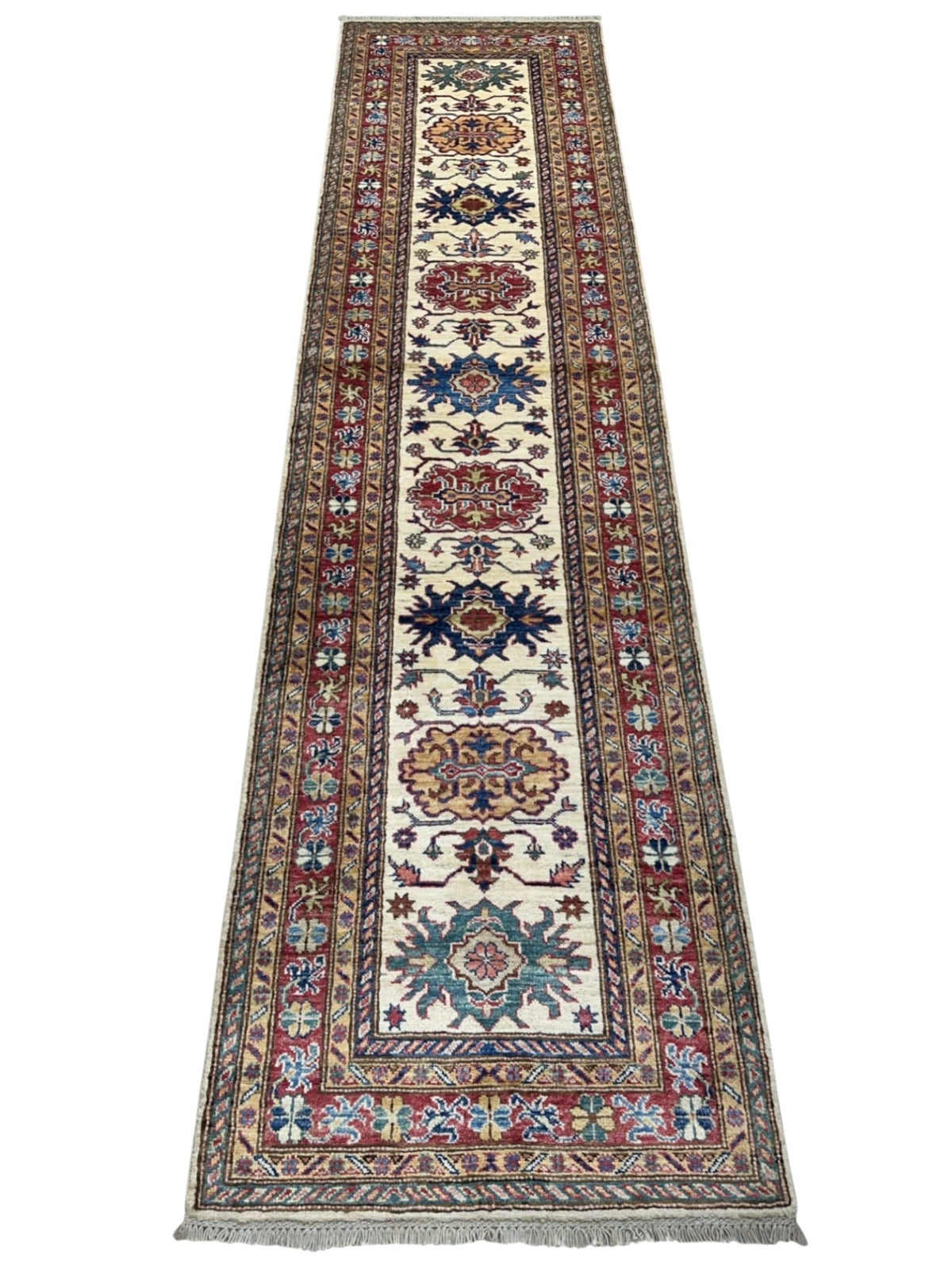 Afghan Super Kazak Runner 2'7" x 10'2", Hand-Knotted Wool, Cream, view 2