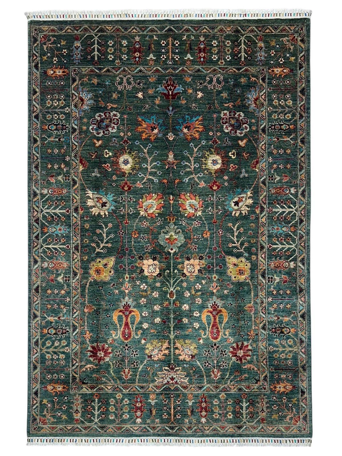 Afghan Chobi Sultani Rug 5'10" x 8', Hand-Knotted Ghazni Wool, Green