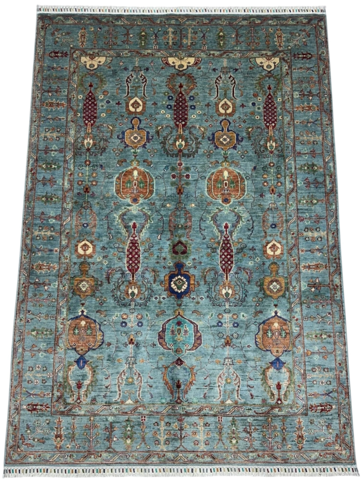 Afghan Chobi Rug 6x8, Light Blue, Rust & Red, Hand-Knotted Wool, view 2