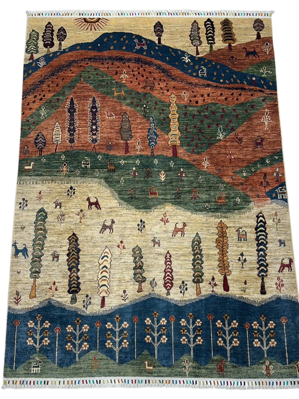 Afghan Gabbeh Rug 5x7, Ivory, Rust & Green, Hand-Knotted Wool, view 2