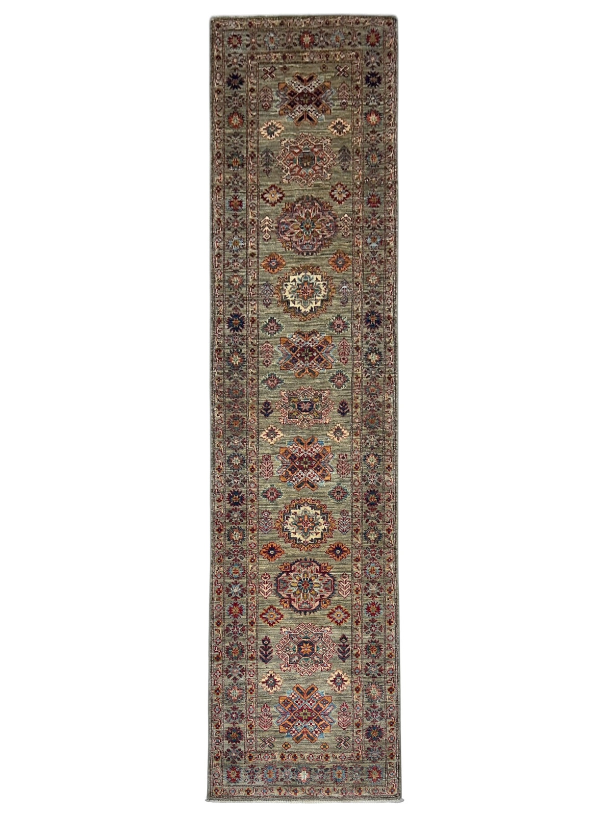 Afghan Super Kazak Runner 2'7" x 9', Hand-Knotted Ghazni Wool, Gray
