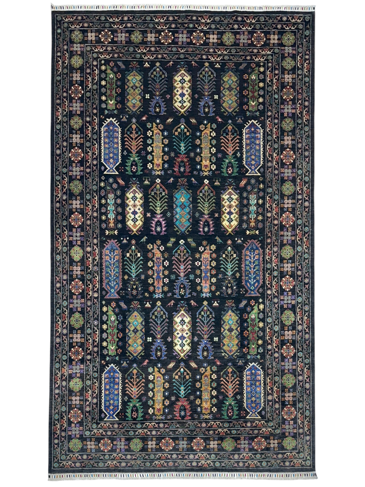 Afghan Kazak Rug 7x11, Navy, Ivory & Gold, Hand-Knotted Wool
