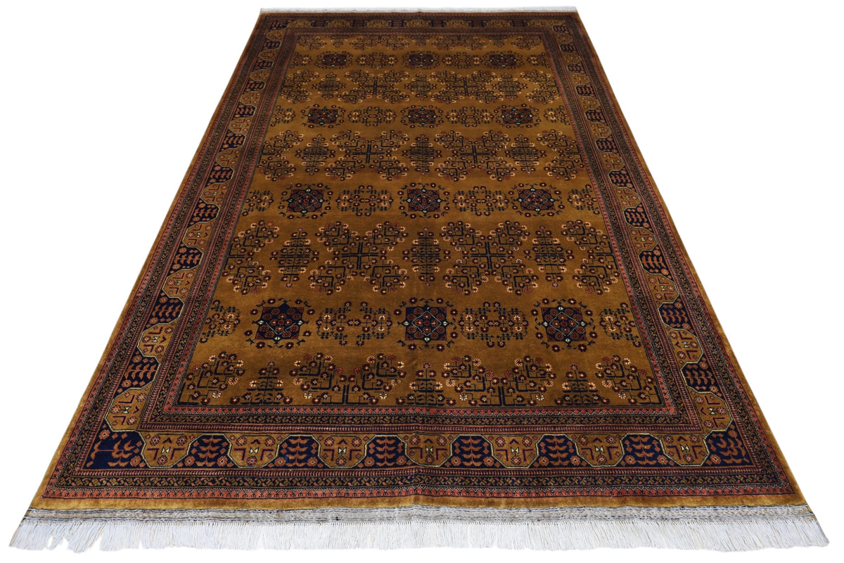 Afghan Turkmen Rug 7x10, Gold, Brown & Navy, Hand-Knotted Wool, view 3