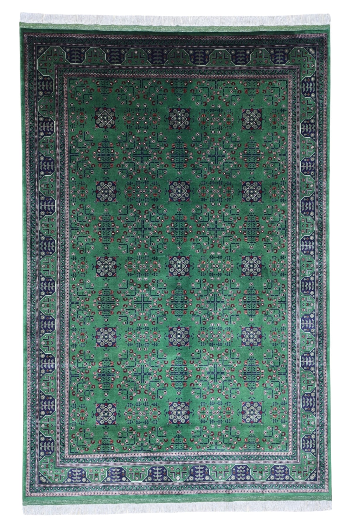 Afghan Turkmen Rug 7x10, Green, Navy & Ivory, Hand-Knotted Wool