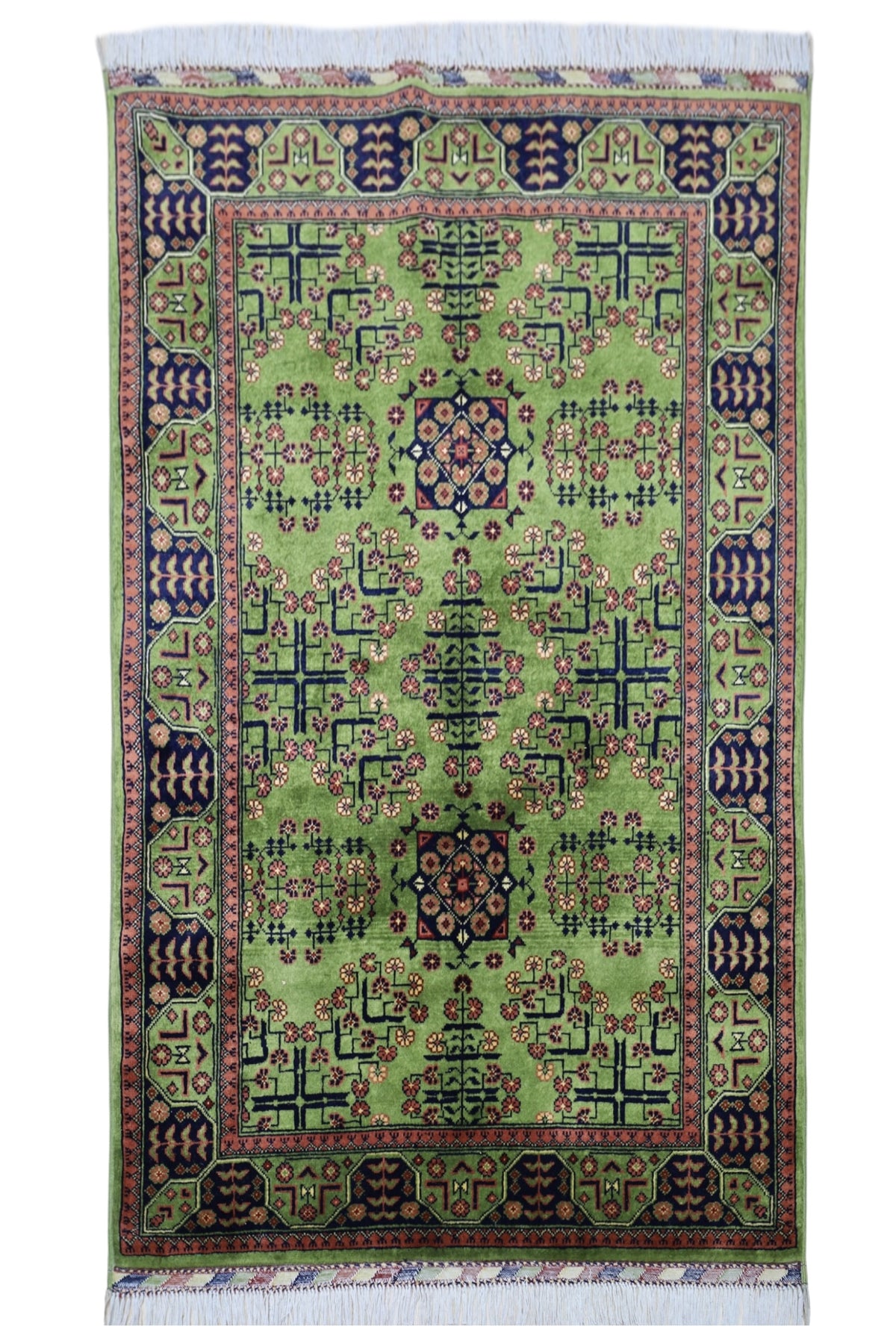 Afghan Bukhara Rug 3'4" x 5', Hand-Knotted Wool, Green