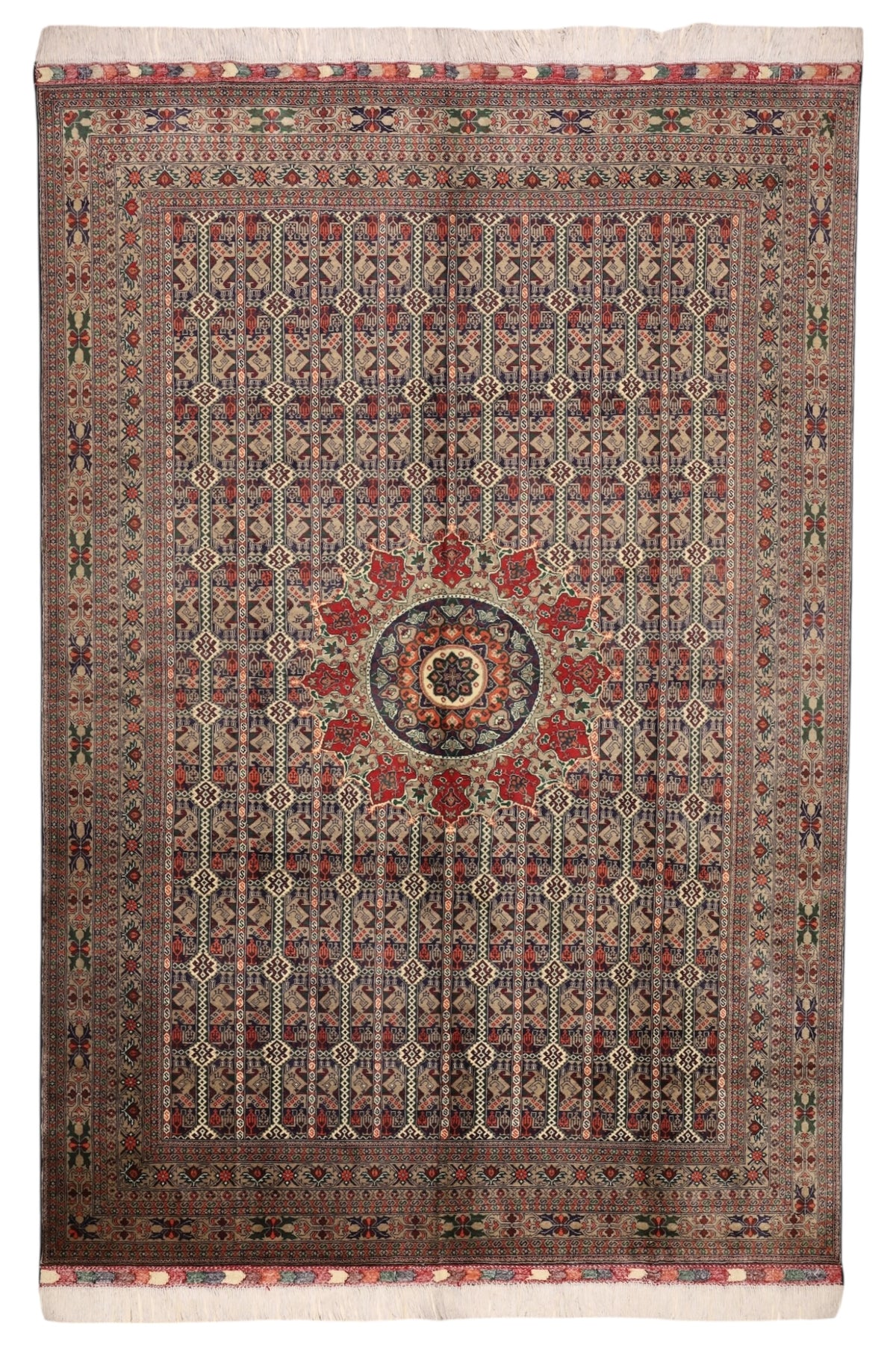 Afghani Rug 7x10 size range tribal Red Green laid flat
