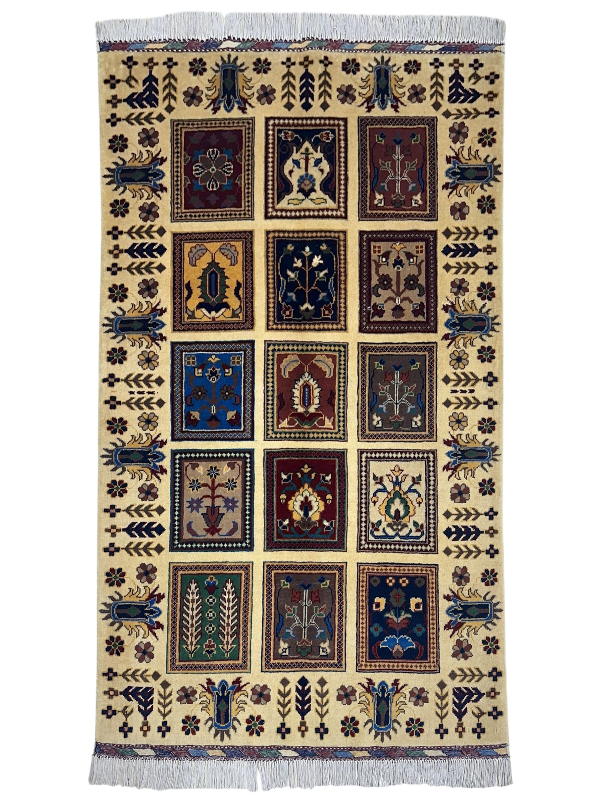 Afghan Bakhtiari Rug 3x5, Beige, Navy & Red, Hand-Knotted Wool