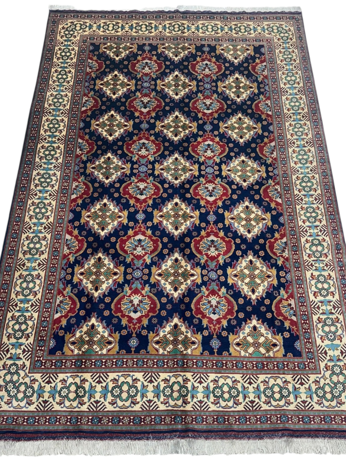 Afghan Rug 7x10, Navy, Ivory & Red, Hand-Knotted Wool, view 2